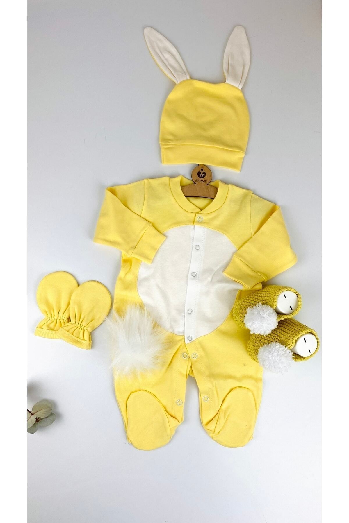 BEBERAZZİ Sarı Patikli Tavşan Temalı Ponponlu Şapkalı Eldivenli Yenidoğan Bebek Hastane Çıkışı Tulum Set -sarı fotoğrafı 2 (önizleme)