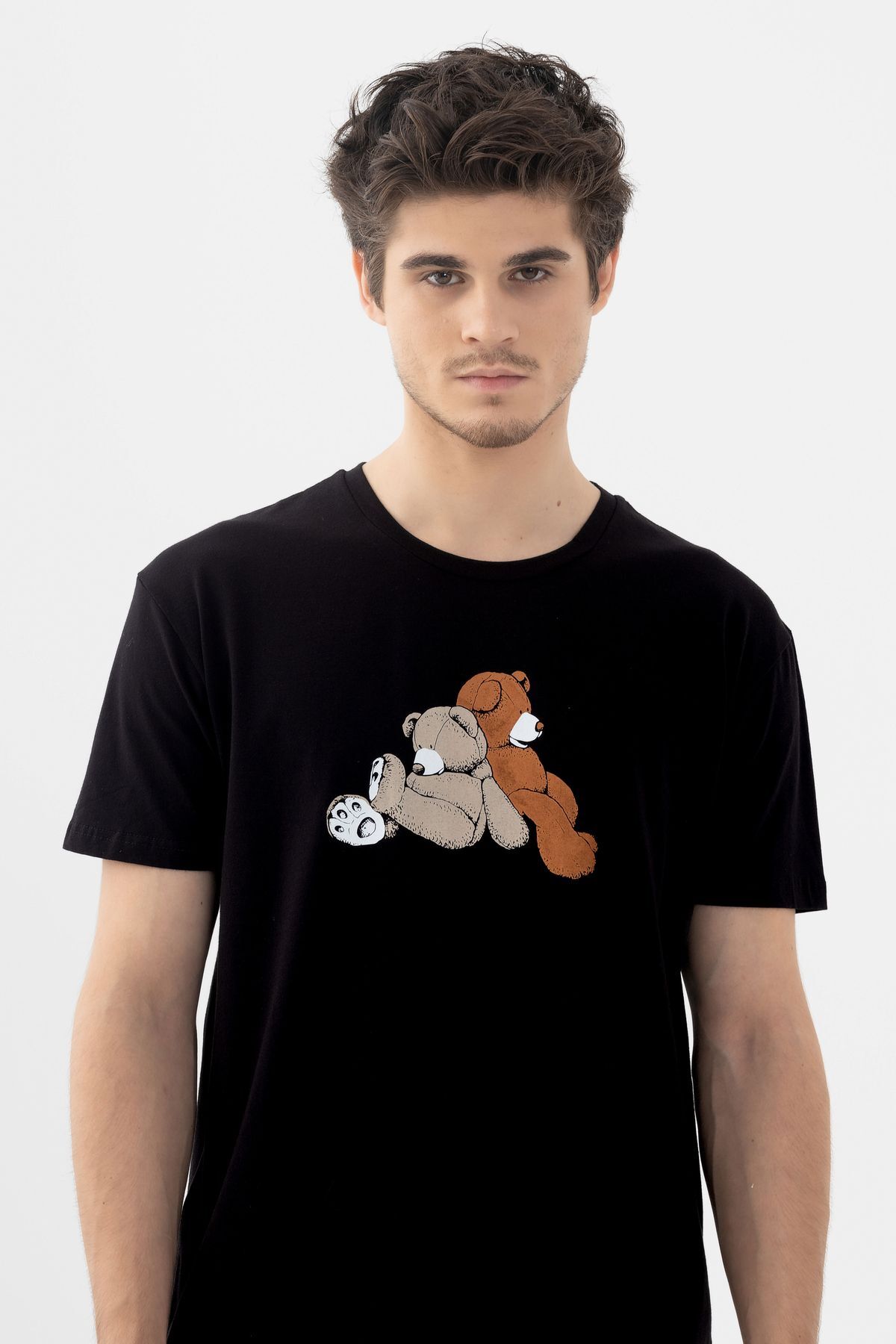 koza iç giyim  Erkek Kısa Kollu Pamuklu Ekose Desenli Ayıcık Baskılı Pijama Takımı - Görsel 7