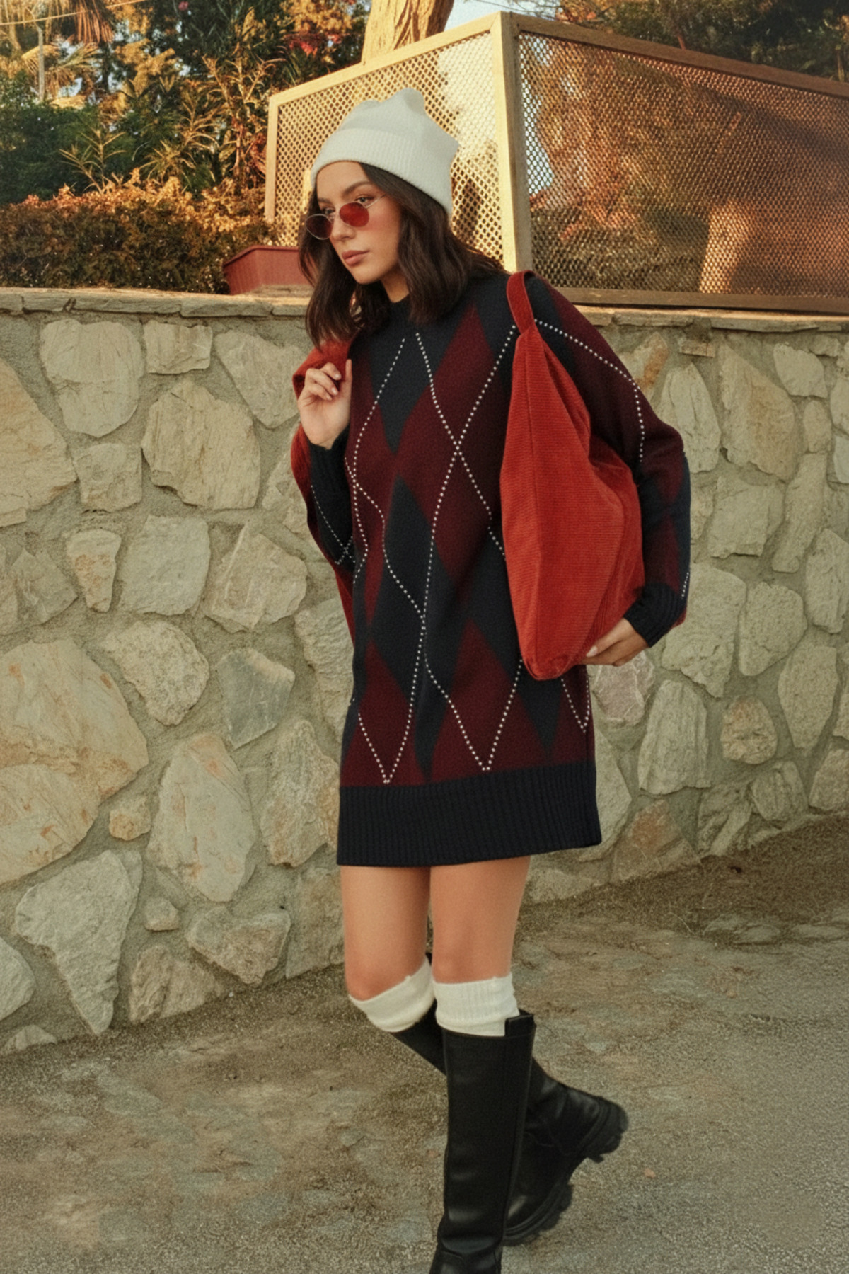 TUMAKadın Dik Yaka Baklava Desenli Kazak Elbise Lacivert-Bordo fmoda1991 görsel 4