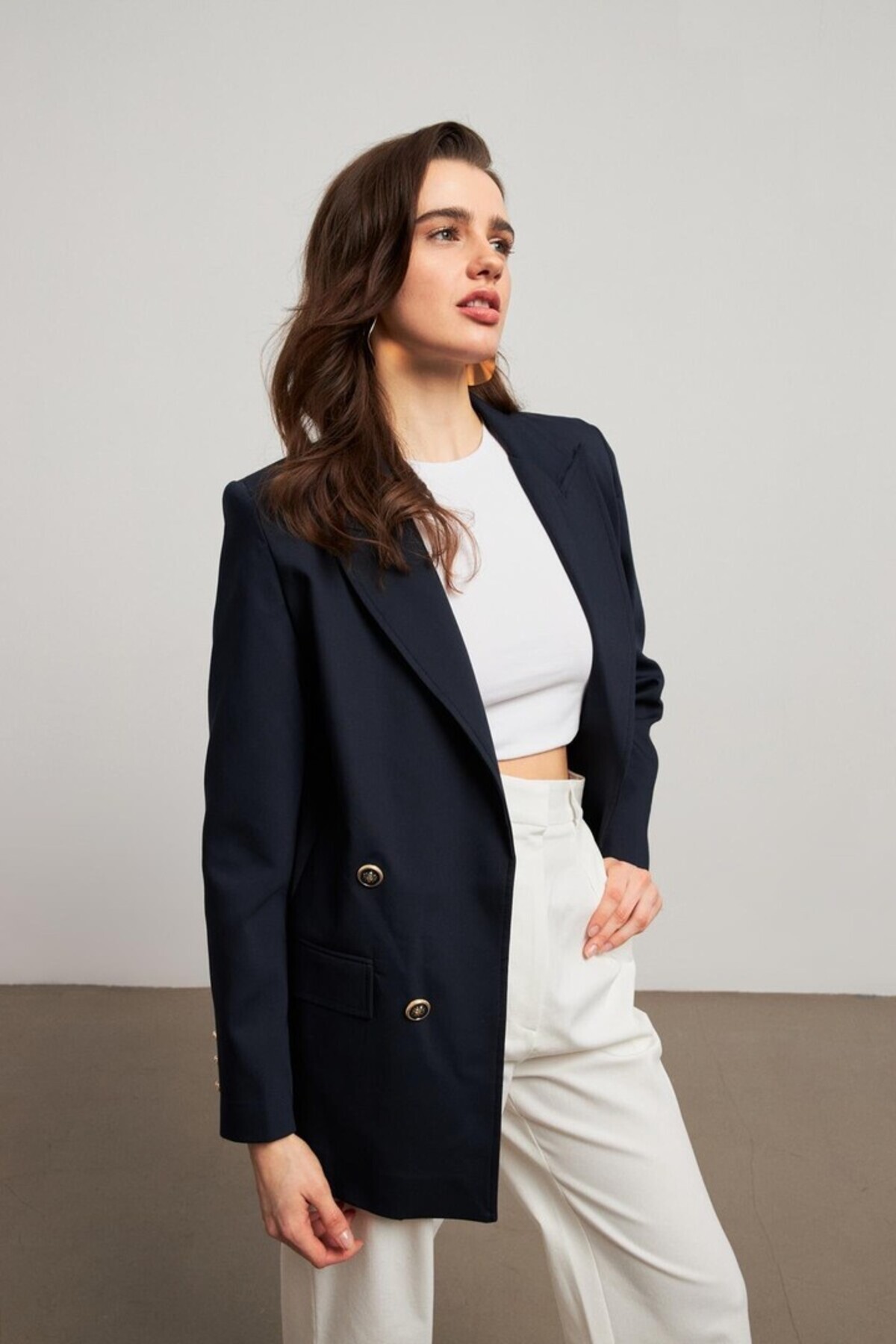 YOUR NAME  Kruvaze Yaka Lacivert Kadın Blazer Ceket - Görsel 5