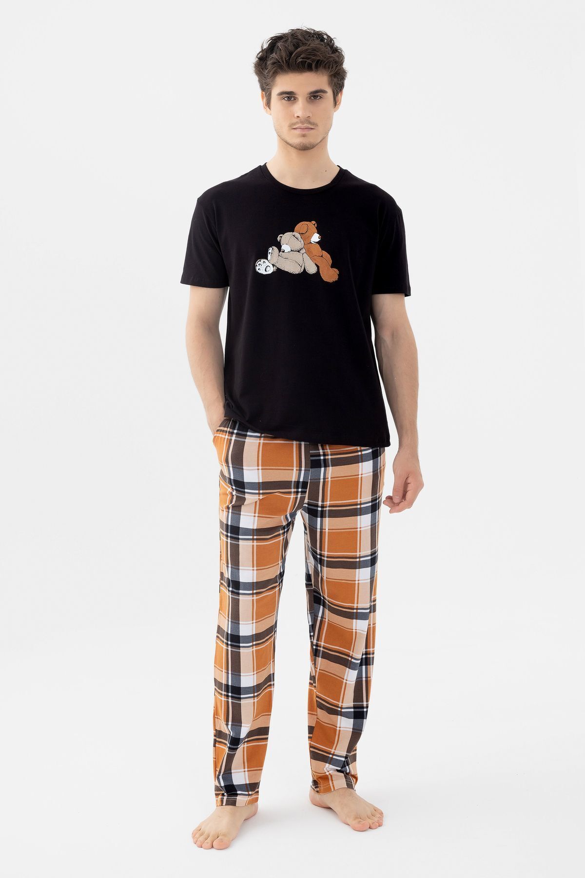 koza iç giyim  Erkek Kısa Kollu Pamuklu Ekose Desenli Ayıcık Baskılı Pijama Takımı