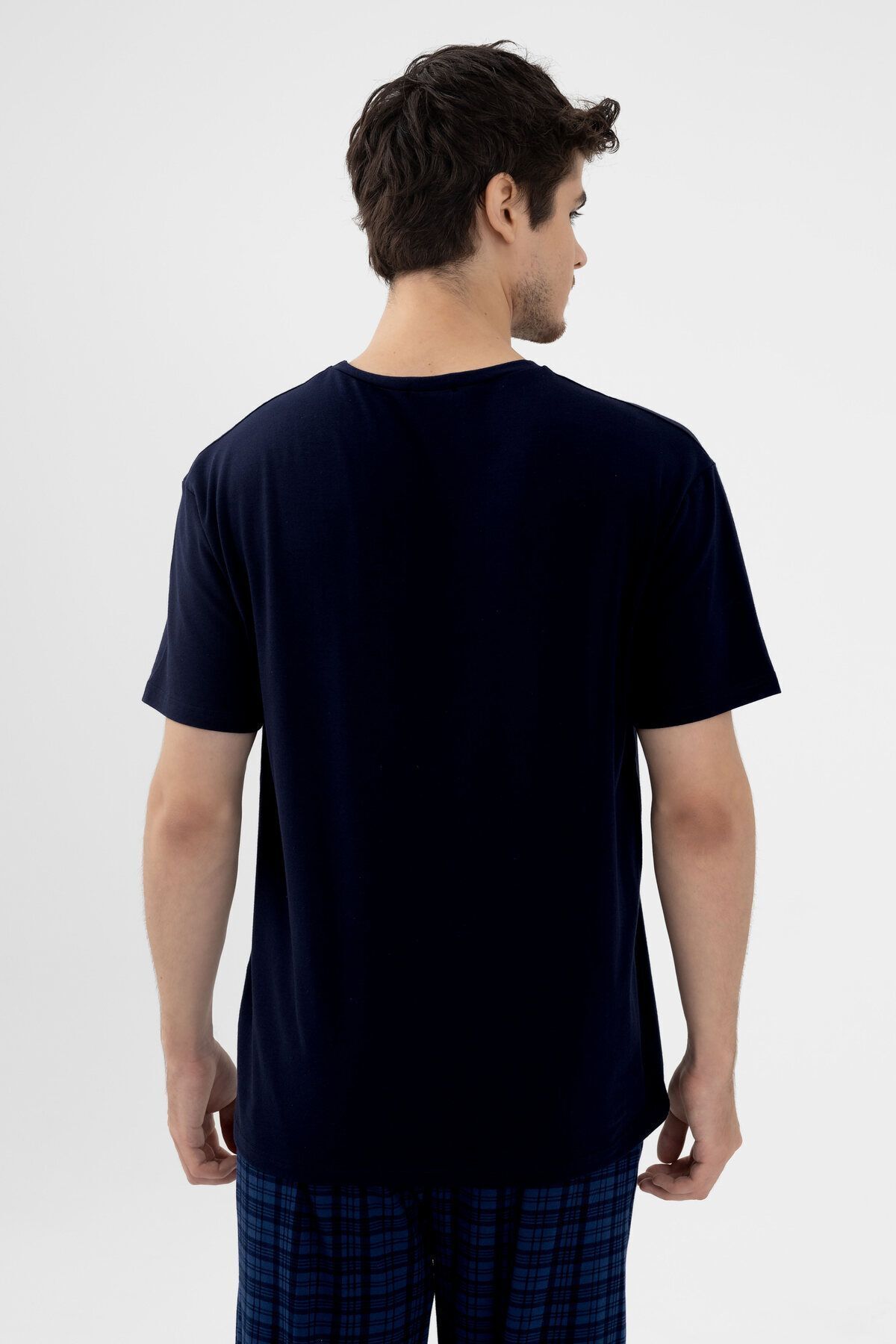 koza iç giyim  Erkek Pamuklu Kısa Kollu Lacivert Ekose Desenli Cep Detaylı Pijama Takımı - Görsel 4