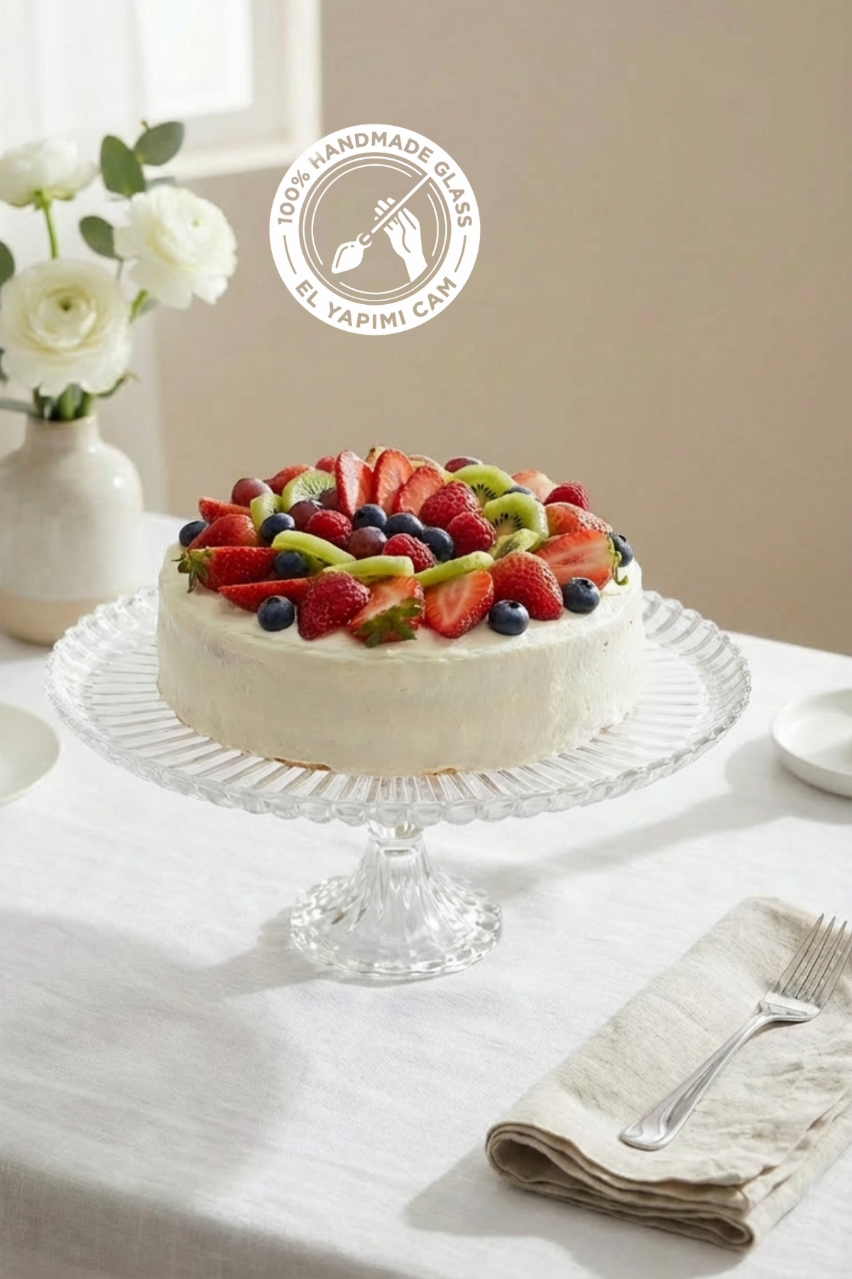 Selen Concept Drop Model Footed Handmade Glass Round Cake and Cake Presentation Single