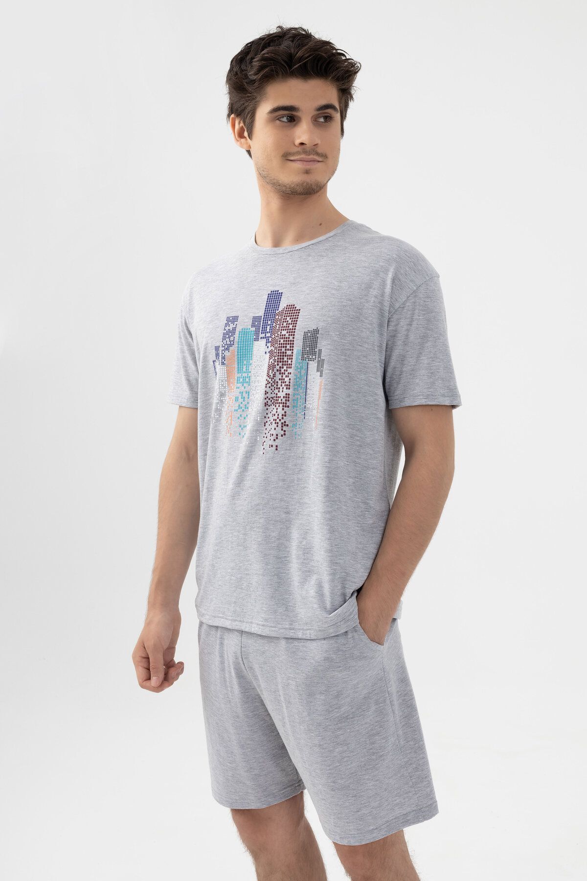 koza iç giyim Erkek Gri Melanj Baskılı Şortlu Pijama Takımı görsel 3