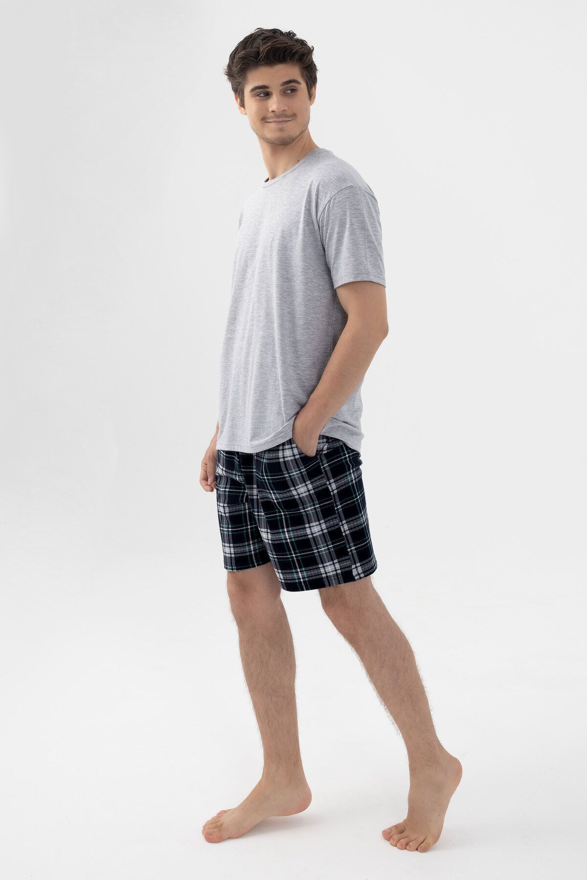 koza iç giyim  Erkek Gri Melanj Alt Desenli Şortlu Pijama Takımı - Görsel 2