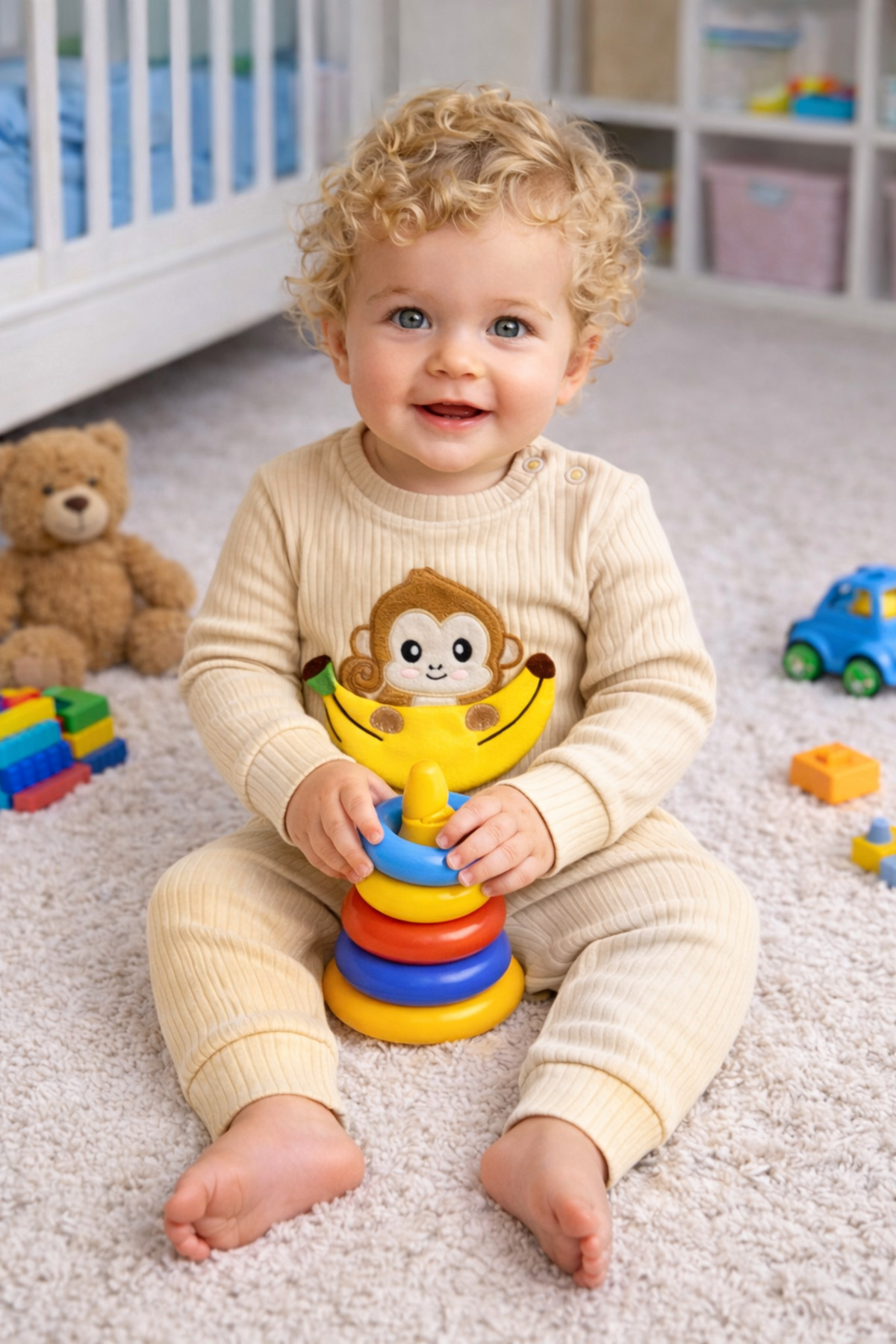 Monkey Embroidered Baby Seasonal Bottom Top Set