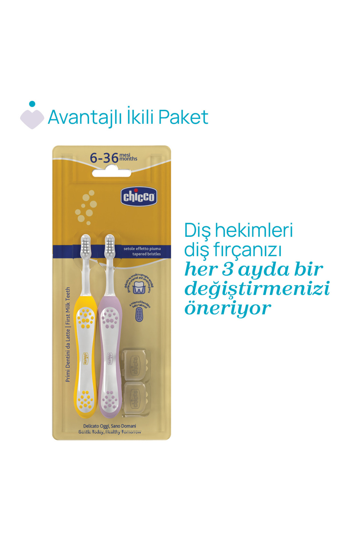 Chicco 2'Lİ DİŞ FIRÇASI 6-36 AY LILAC MUSTARD fotoğrafı 5 (önizleme)