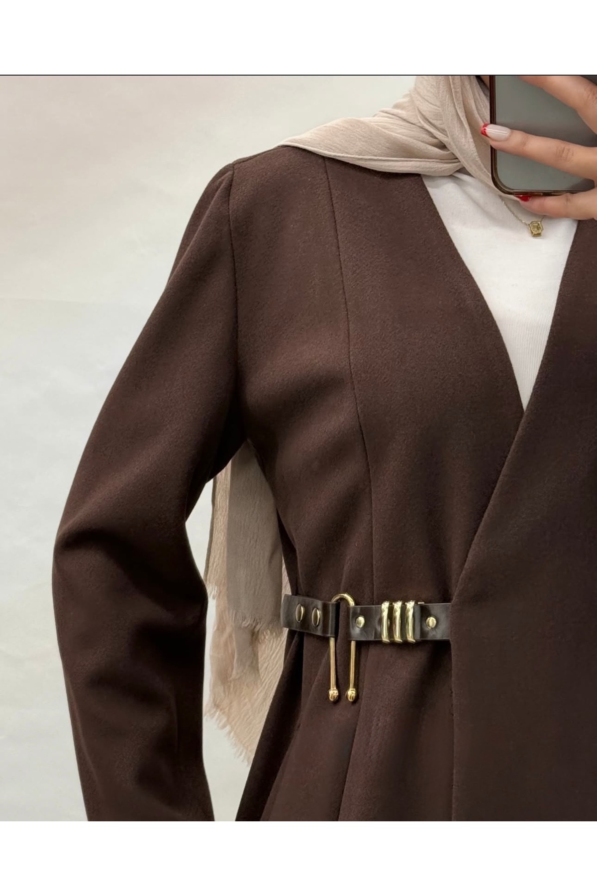 Abaya-AB  “Kışlık Kaşe Uzun Kahverengi mont– Tokalı Model, 38-46” - Görsel 3