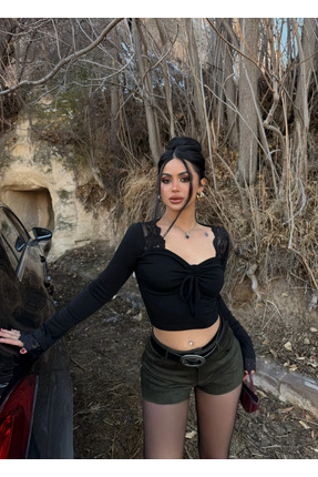 EVOA Kadın Siyah Tül Detaylı Bluz