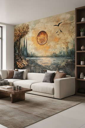 dreamwall Gün Batımı ve Ağaç Desenli Duvar Kağıdı