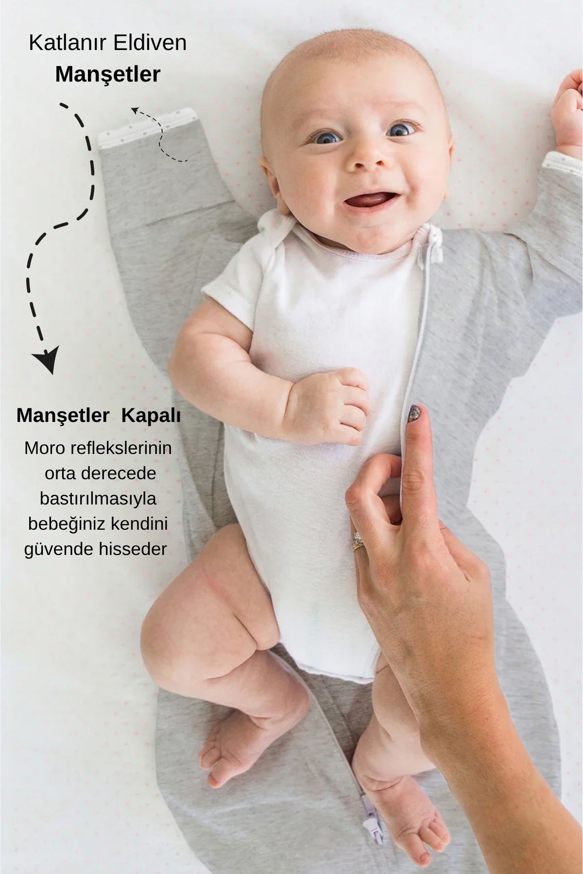 Le Touche Gri Bebek Kundak Eldiven Manşetli Uyku Tulumu & Kolları Yukarı Kundak (0-3 AY, 3-6 AY, 6-9 AY) fotoğrafı 3 (önizleme)