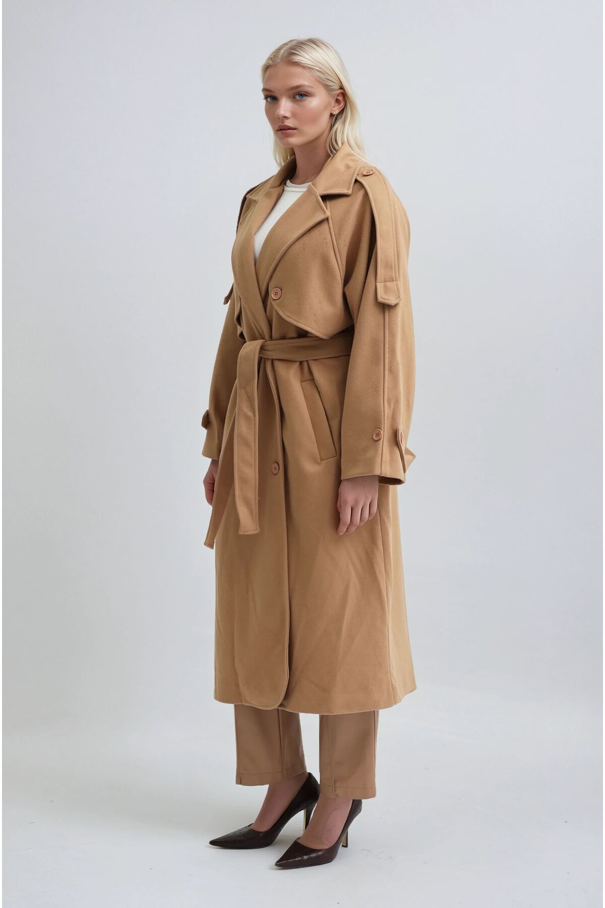 Lijuri  Kruvaze Yaka Kuşaklı Kaşe Kaban 7096 R8-F-K2 - Görsel 4