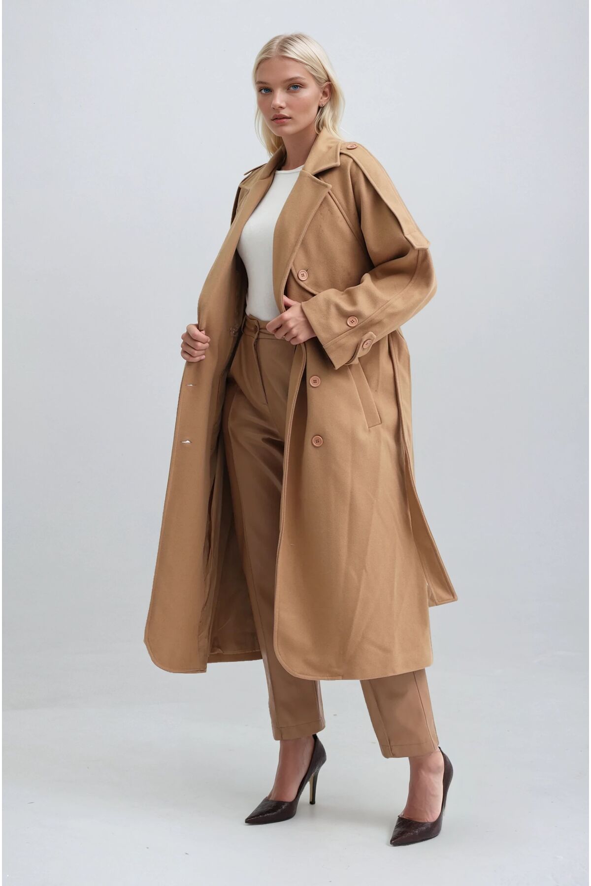 Lijuri  Kruvaze Yaka Kuşaklı Kaşe Kaban 7096 R8-F-K2 - Görsel 3