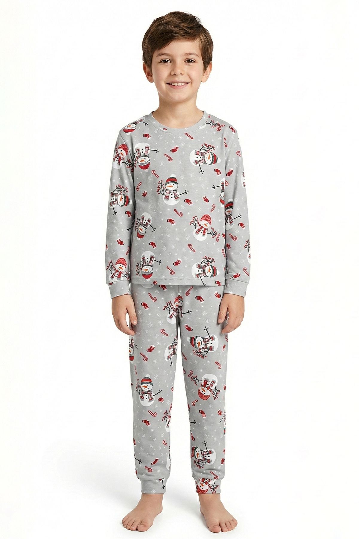 zuzunga Unisex Yılbaşı Temalı Cute Kardan Adam Desenli Çocuk Pijama Takımı fotoğrafı 4 (önizleme)