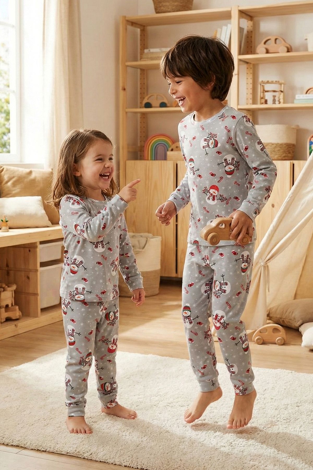 zuzunga Unisex Yılbaşı Temalı Cute Kardan Adam Desenli Çocuk Pijama Takımı fotoğrafı 5 (önizleme)