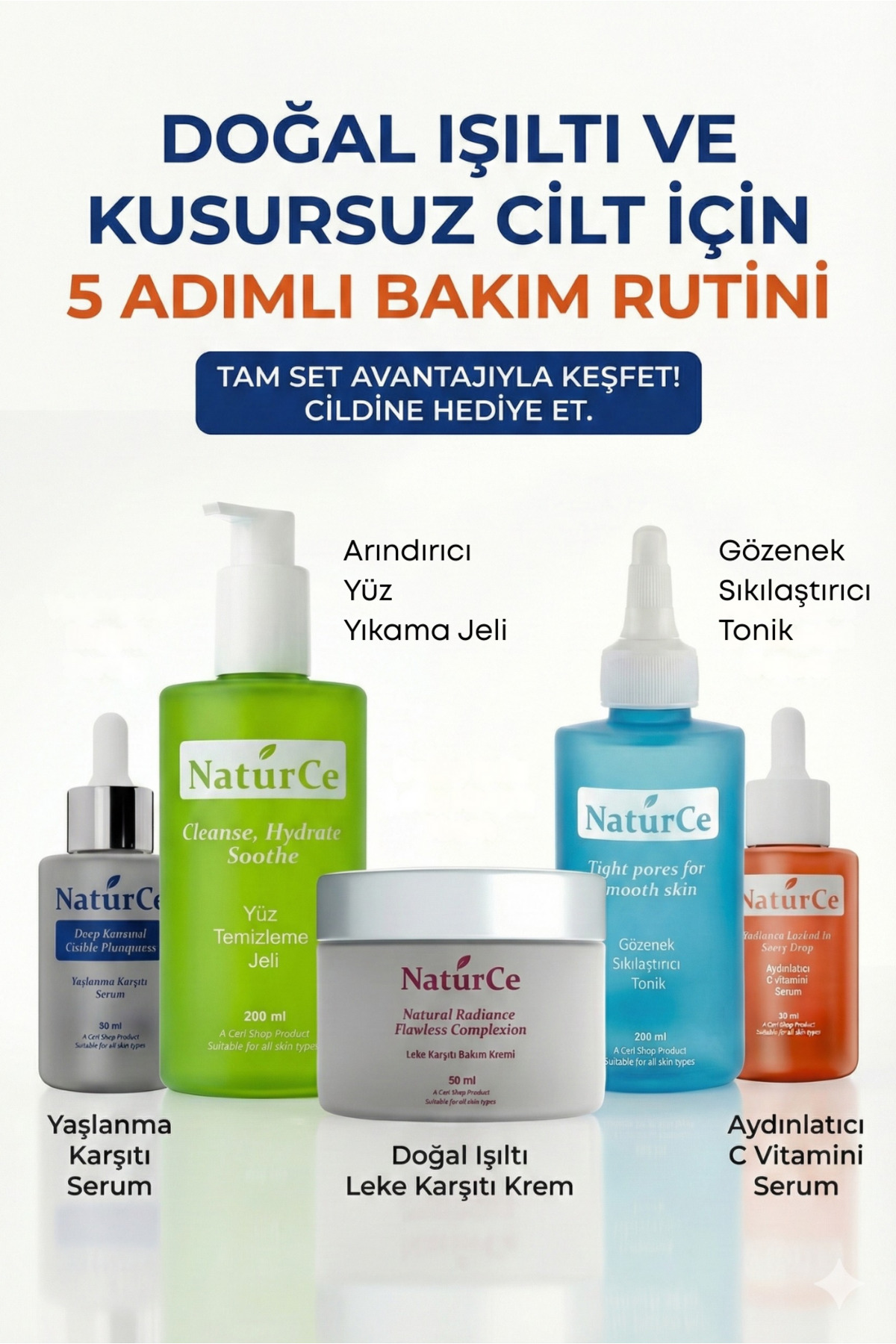 Naturce Cilt Bakım Seti 5'li C Vitamini ve Anti Aging Serum Tonik Yüz Yıkama Jeli Leke Karşıtı Krem