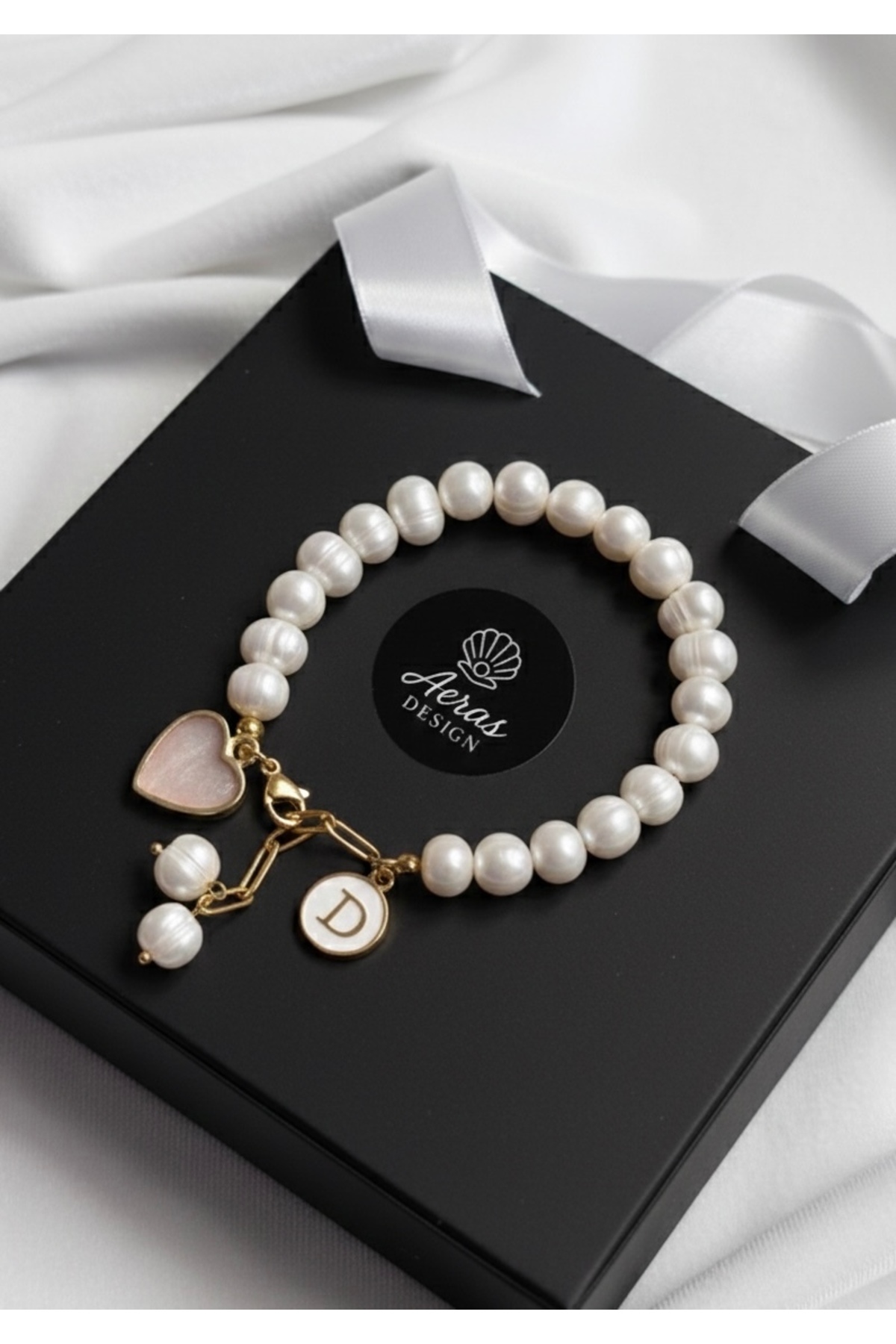 Real Pearl Enameled Letters Heart Detailed Women's Bracelet Gold Pearl Heart Design Steel Apparatus