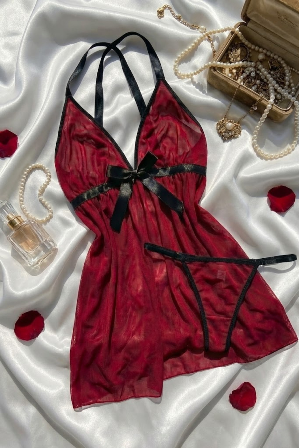 ZENCHES 2'Li Askılı Tül Gecelik Ve String Takım-rahat, Çeyizlik