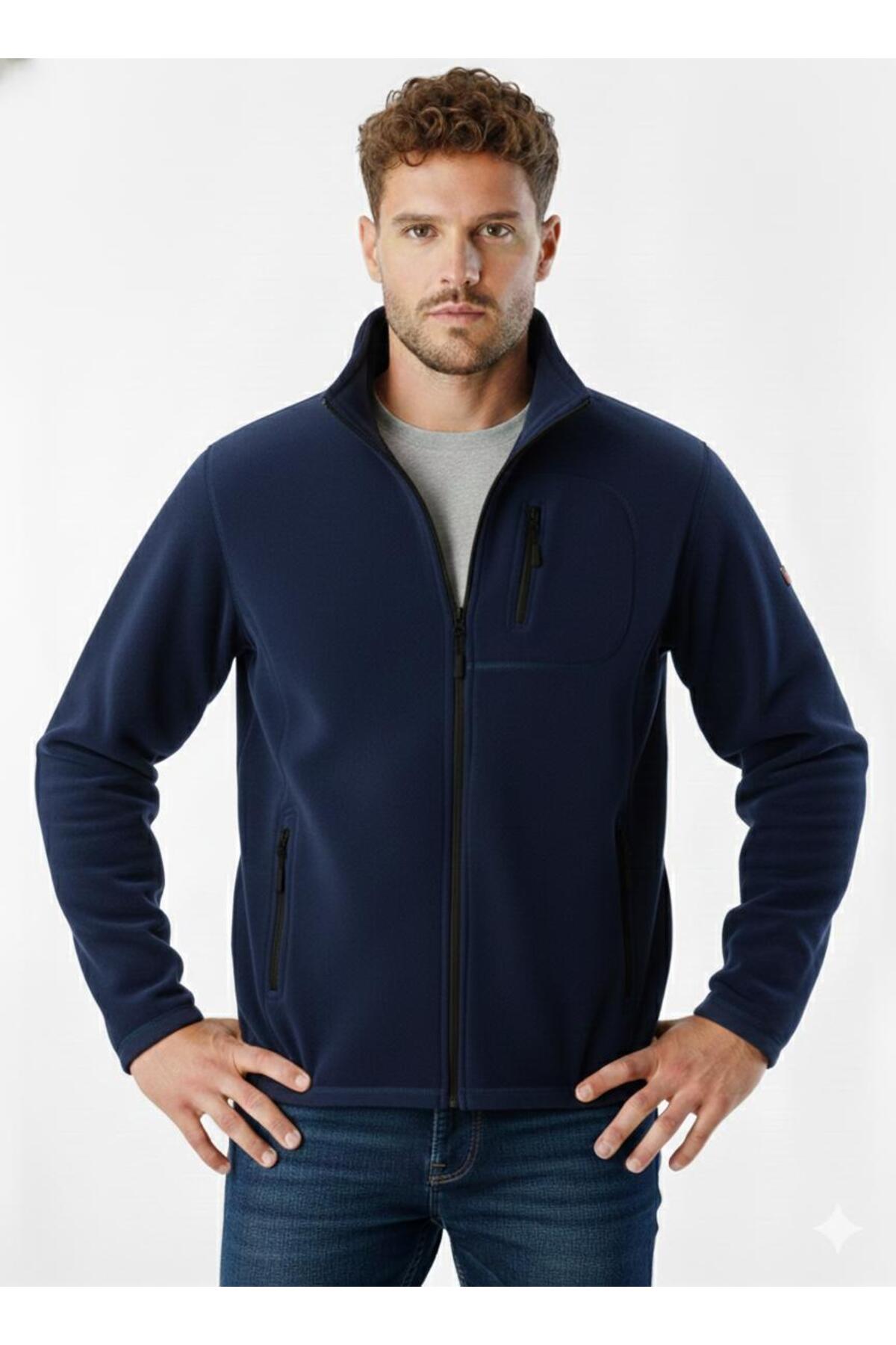 pandy  Lacivert Unisex Polar Tam Fermuarlı 3 Cepli Outdoor Polar Ceket - Görsel 3