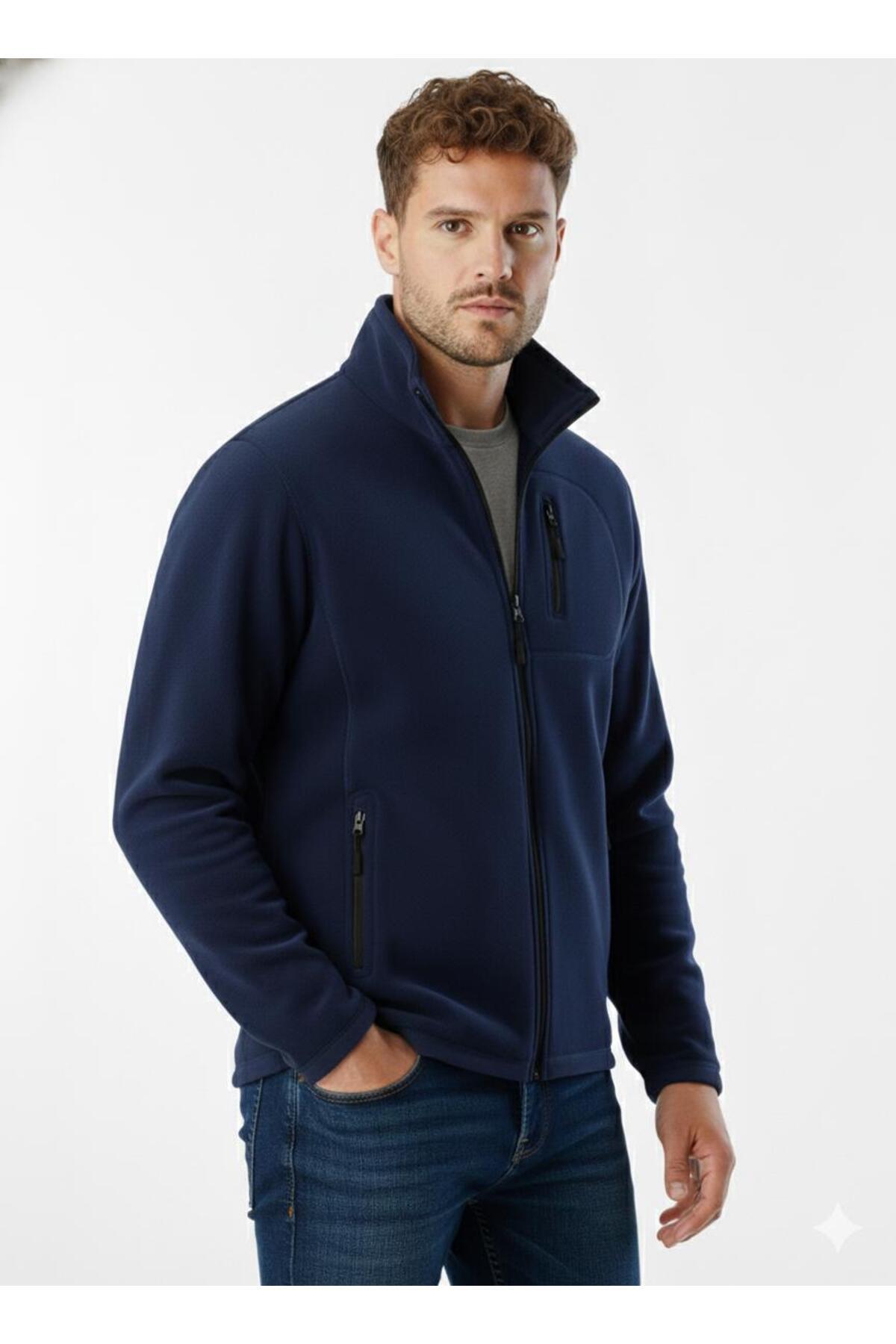 pandy  Lacivert Unisex Polar Tam Fermuarlı 3 Cepli Outdoor Polar Ceket - Görsel 2