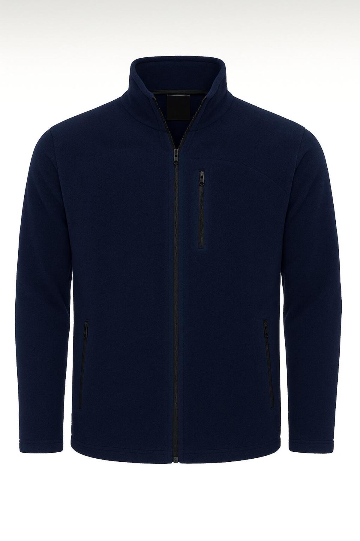 pandy  Lacivert Unisex Polar Tam Fermuarlı 3 Cepli Outdoor Polar Ceket