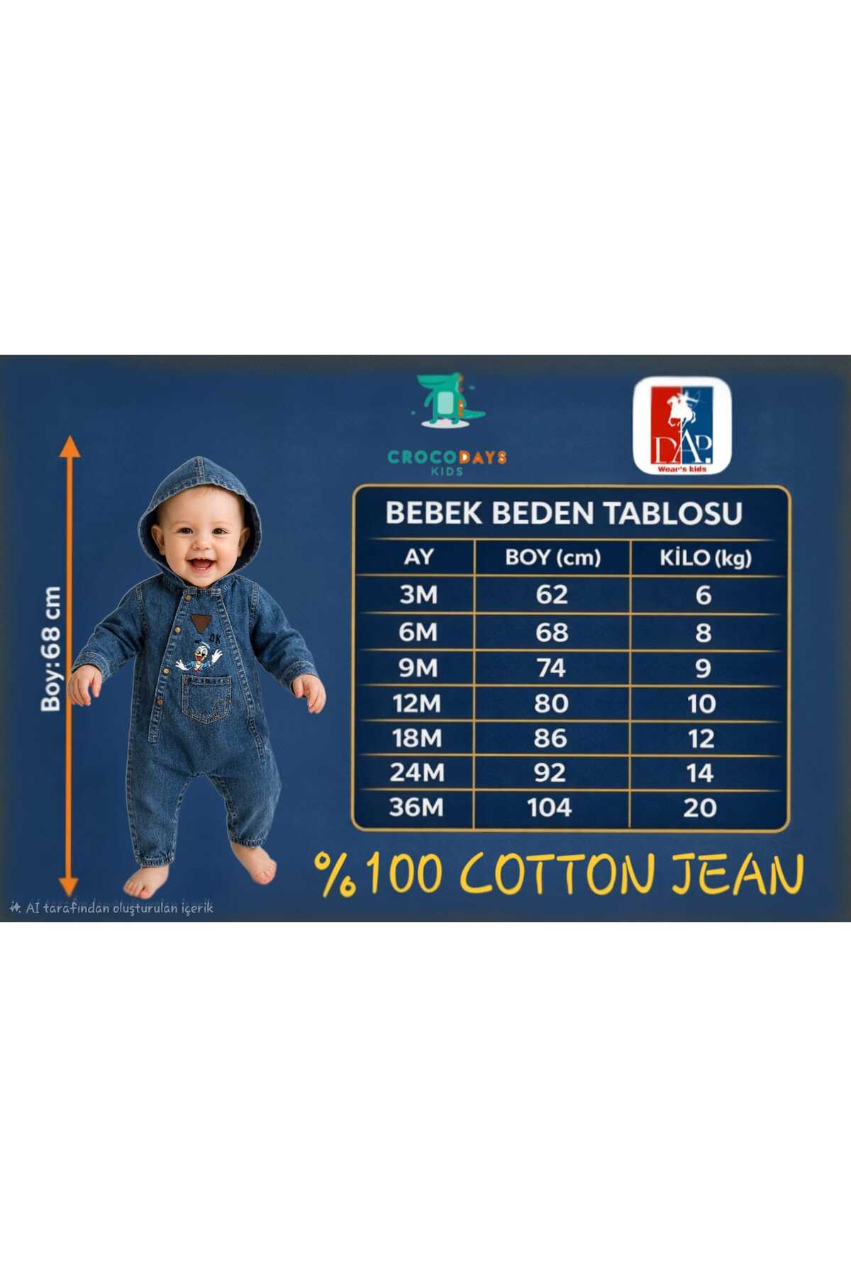 CROCODAYS Unisex Çocuk Bebek Kot (JEANS) Baskılı Kapşonlu Tulum (3/6/9/12/18/24) Ay fotoğrafı 4 (önizleme)