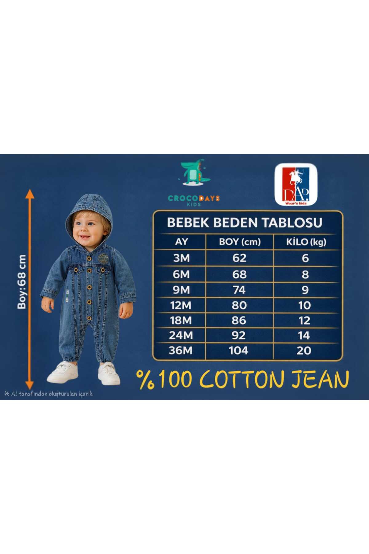 CROCODAYS Unisex Çocuk Bebek Kot (JEANS) Baskılı Şapkalı Tulum (3/6/9/12/18/24) Ay fotoğrafı 3 (önizleme)