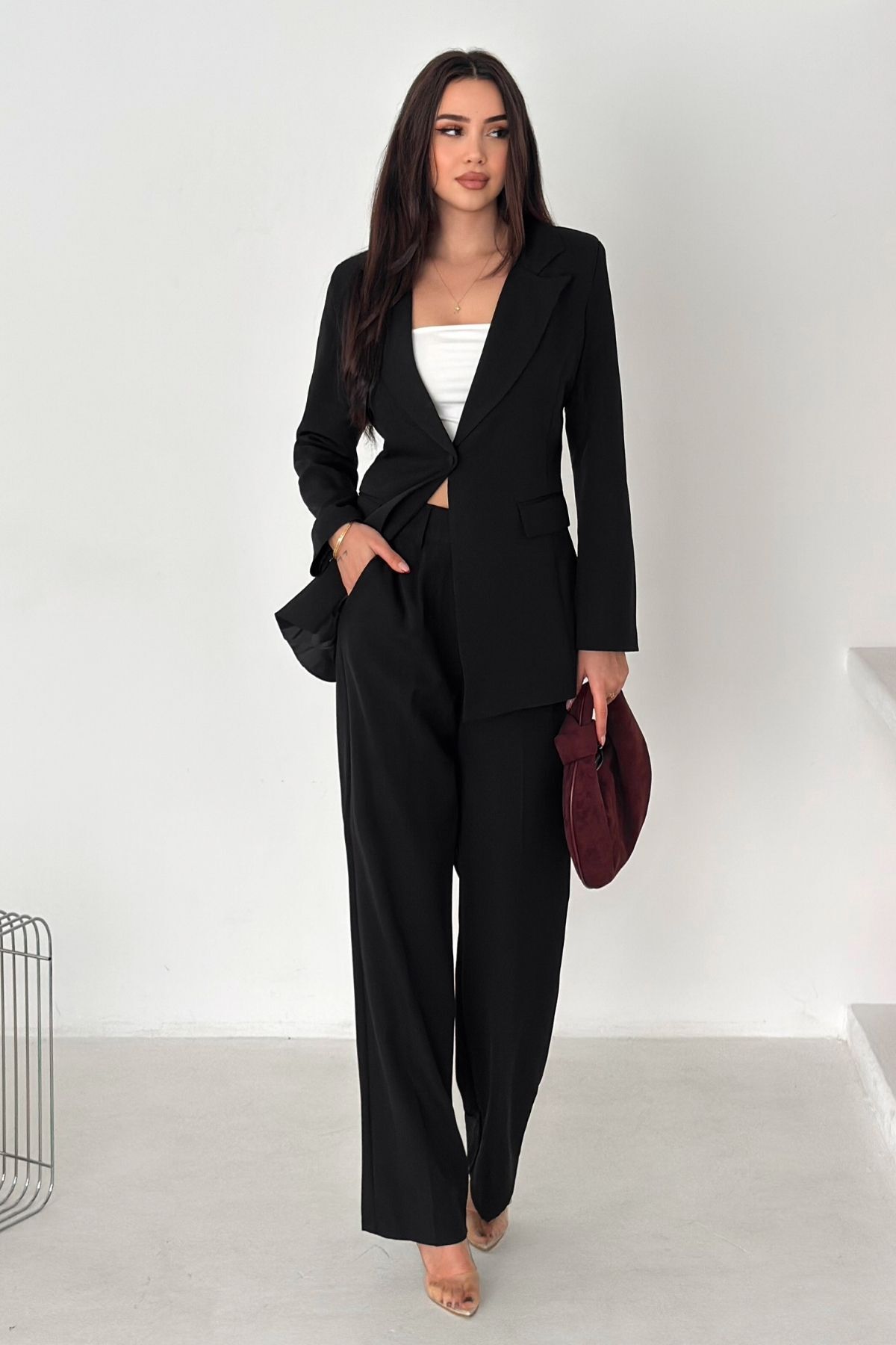 diaves Black Laser Cut Blazer Jacket Palazzo Pants Suit