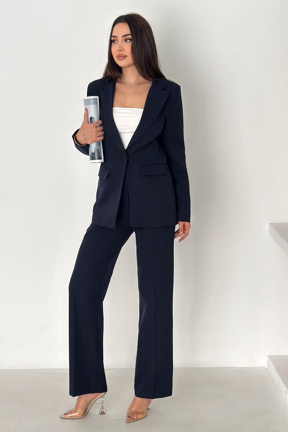 diaves Navy Blue Laser Cut Blazer Jacket Palazzo Pants Suit