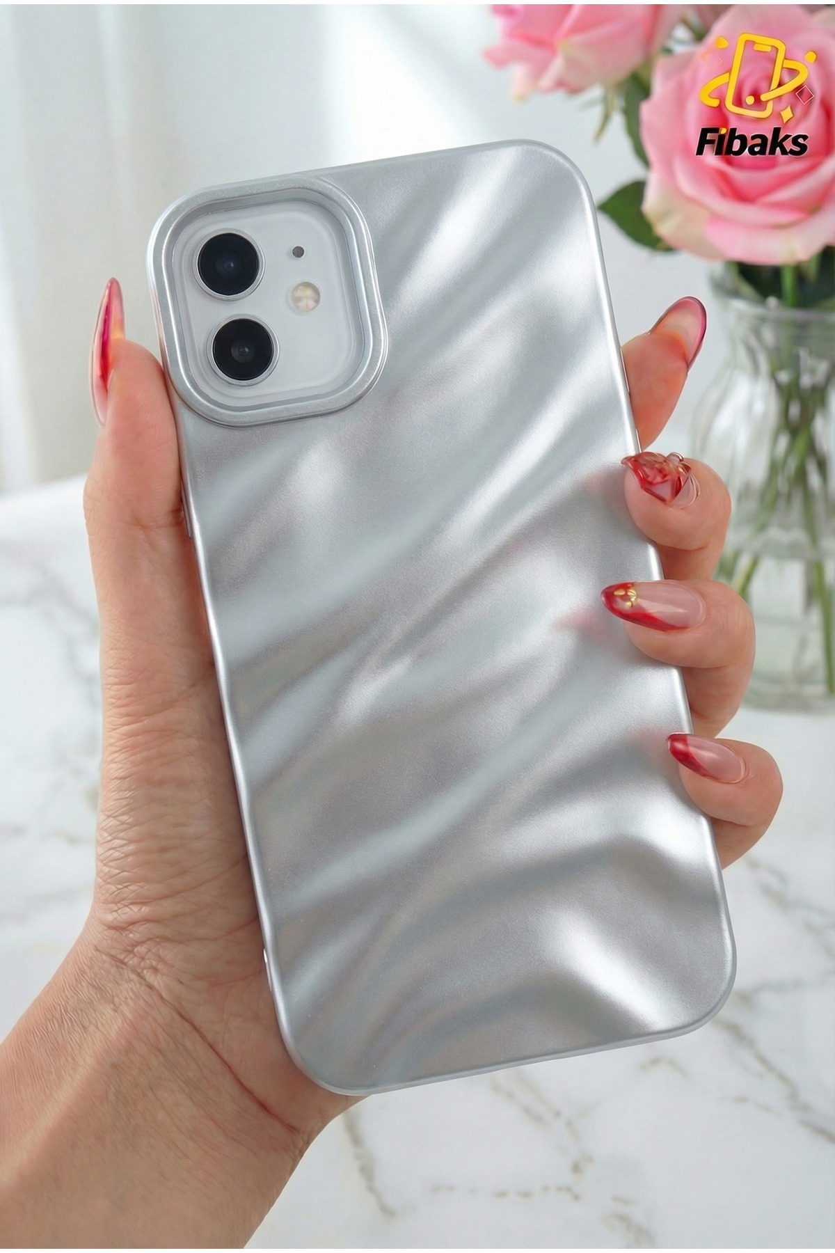 iPhone 11 Case Shiny Embossed Wave Design Patterned Silver Shock Absorbing Silicone Cover