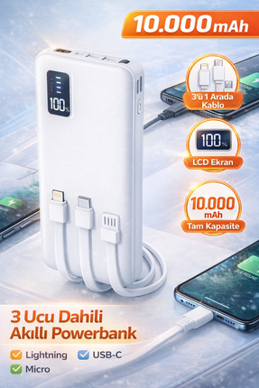 VOOKA 10.000mAh Dahili Kablolu Powerbank LCD Ekranlı 3’ü 1 Arada Lightning US...