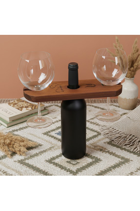 Viyona Home Doğal Ahşap Şarap Sunumluğu – Kadeh Tutucu - 2 Kadeh Taşıyıcılı Ş...