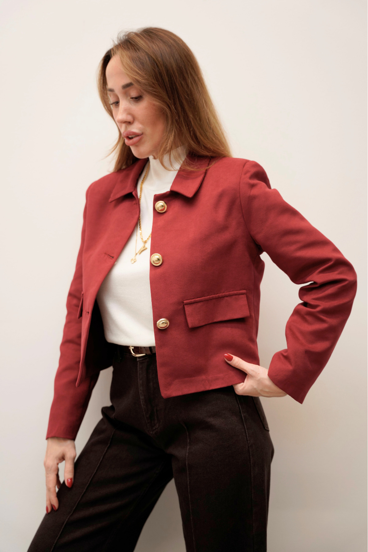 Elan Gold Button Detailed Suede Claret Red Jacket