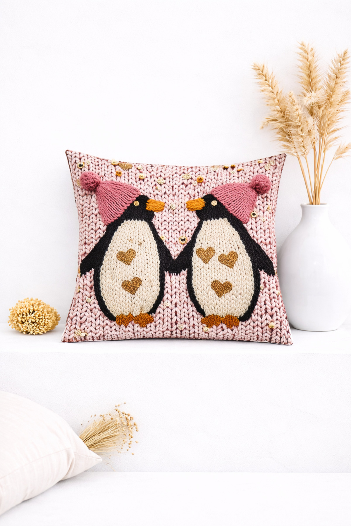 3Boyutlu Kalpli Penguen Detaylı Sevimli Dekoratif Kırlent Kılıfı (45x45 cm)