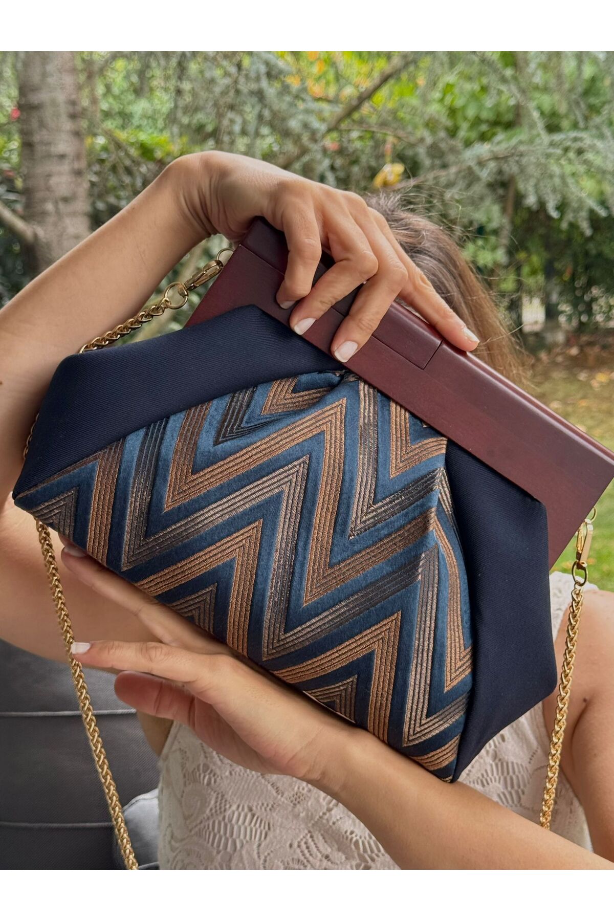 JOPHIEL ATELIER Patchwork, lanac, drvena torba za stipendije, clutch, ručna t...