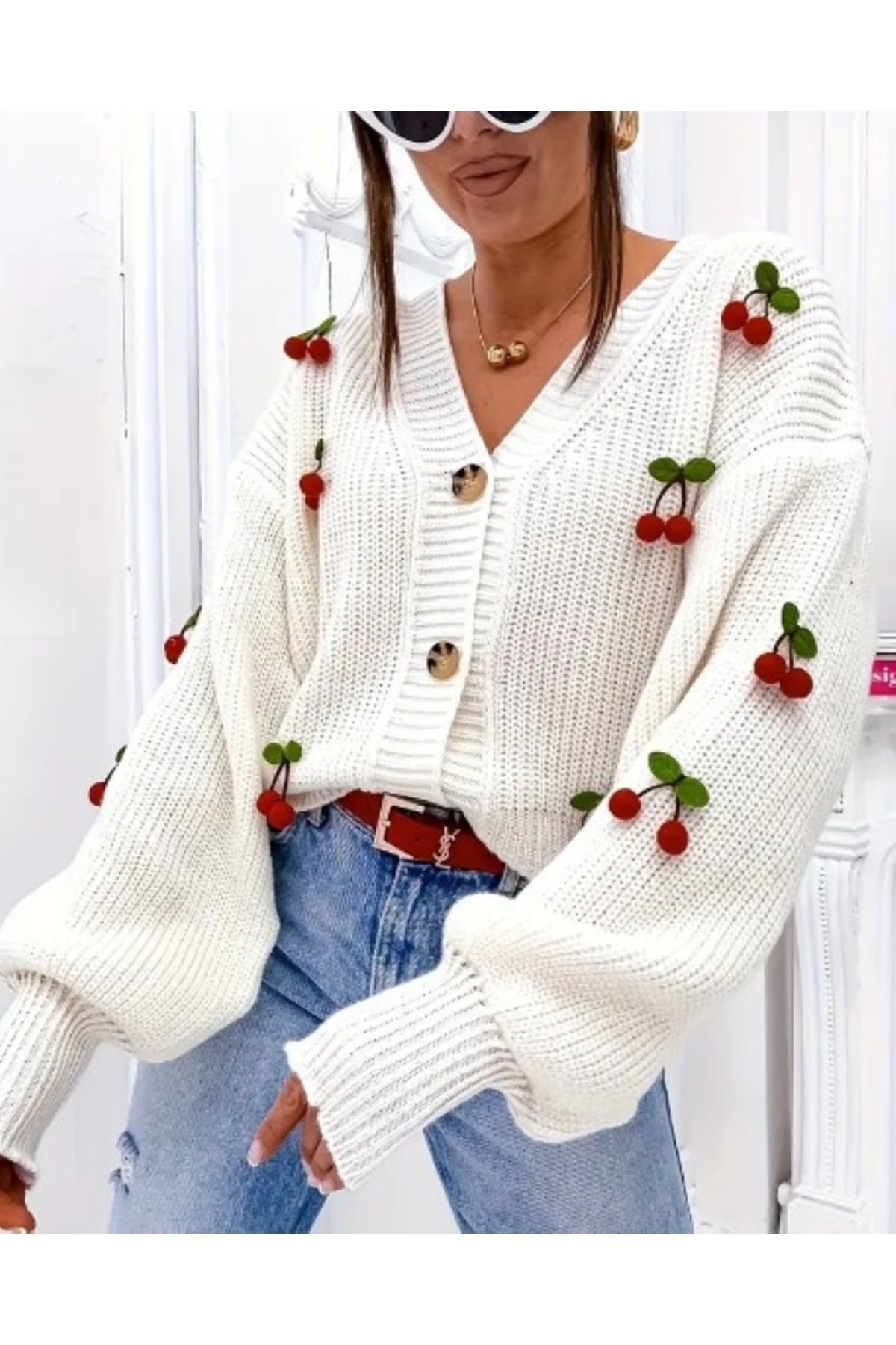 MODA BORSASI  Sonbahar Yeni Kiraz Desenli Şık Rahat V Yaka Düğmeli Kazak Ceket - Görsel 3