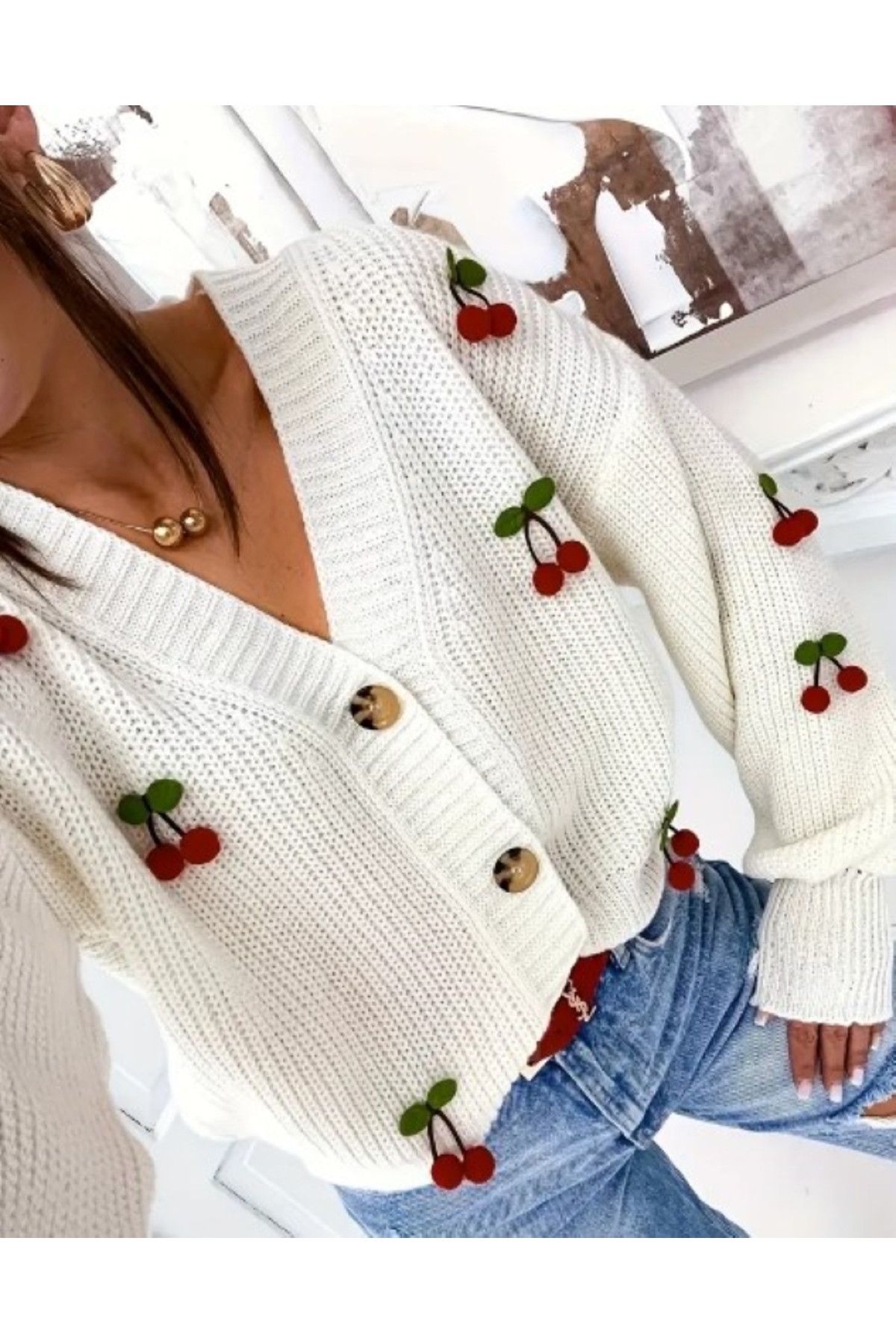 MODA BORSASI  Sonbahar Yeni Kiraz Desenli Şık Rahat V Yaka Düğmeli Kazak Ceket - Görsel 4