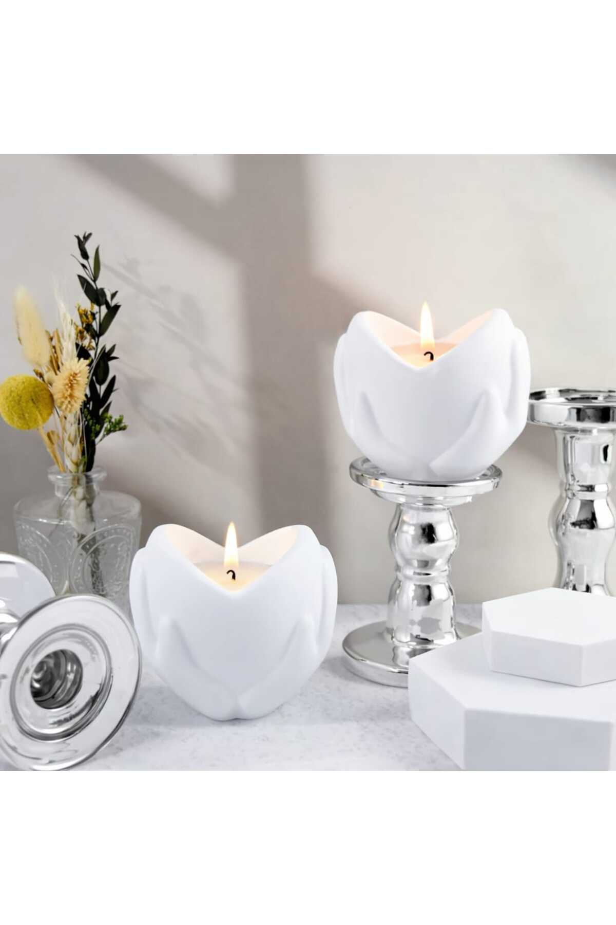 El Yapımı Beton Mumluk 2 Li Beyaz