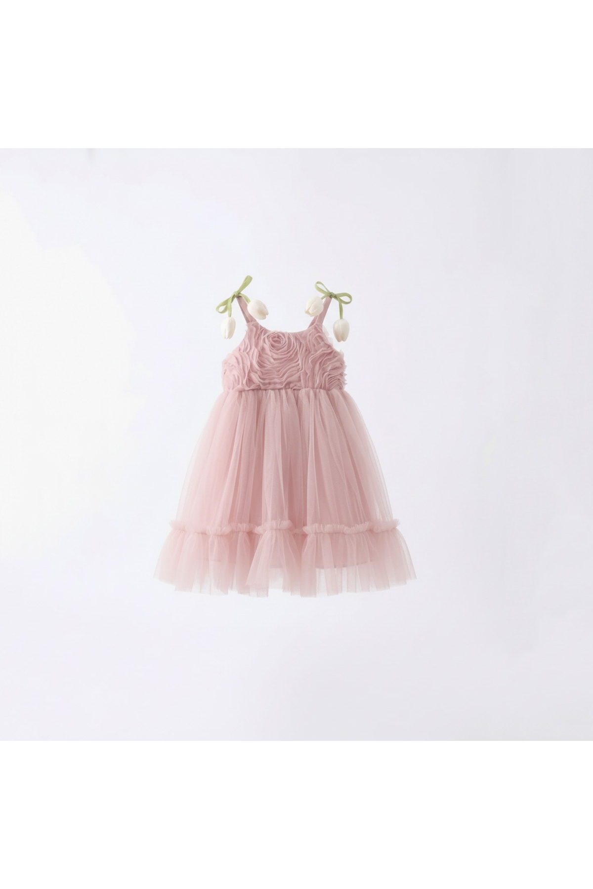 SweetMe Kız bebek elbise abiye omuzları 3 boyutlu çiçek detalı tül elbise parti doğum günü elbisesi fotoğrafı 2 (önizleme)