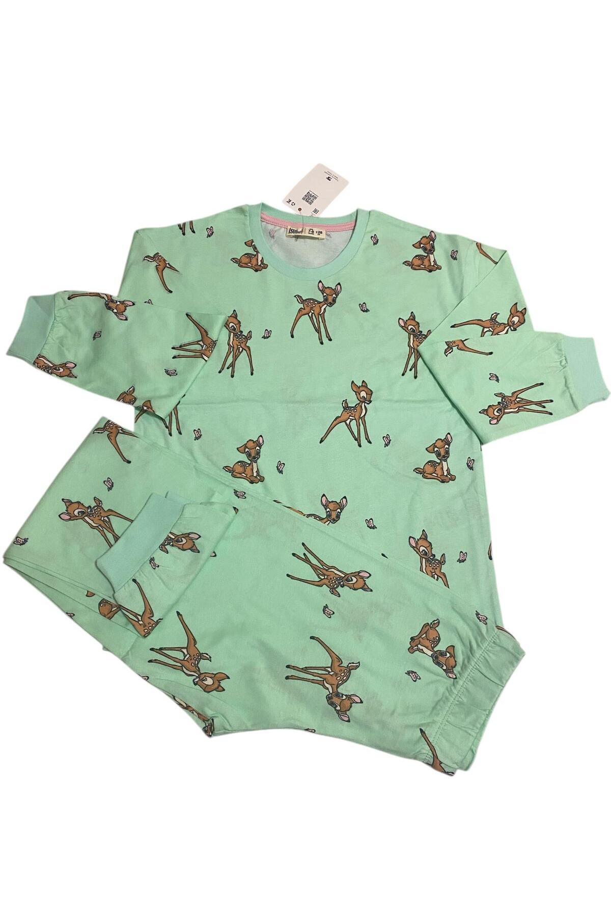 İsobel Kids YEŞİL CEYLAN DESENLİ %100 PAMUK SÜPREM KUMAŞ KIZ ÇOCUK PİJAMA TAKIMI fotoğrafı 3 (önizleme)