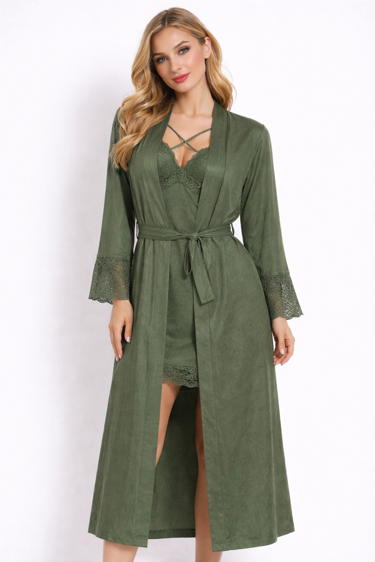 cherry queen Premium Jakarlı Haki Yeşili Dantelli Sabahlık & Gecelik Takımı – Özel Kutulu