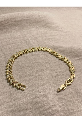 Pienza&Co. Kadın Gold Renk Çelik V Model Desenli Taşlı Bileklik - Kararmaz An...