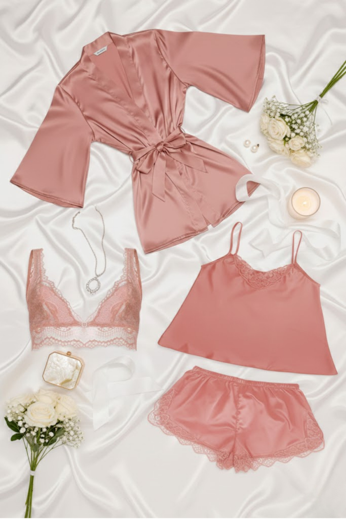 ZENCHES Kadın Saten 4’lü Çeyiz Seti Mercan-Dantel Detaylı Şortlu Gecelik Takım, Sabahlık ve Büstiyer