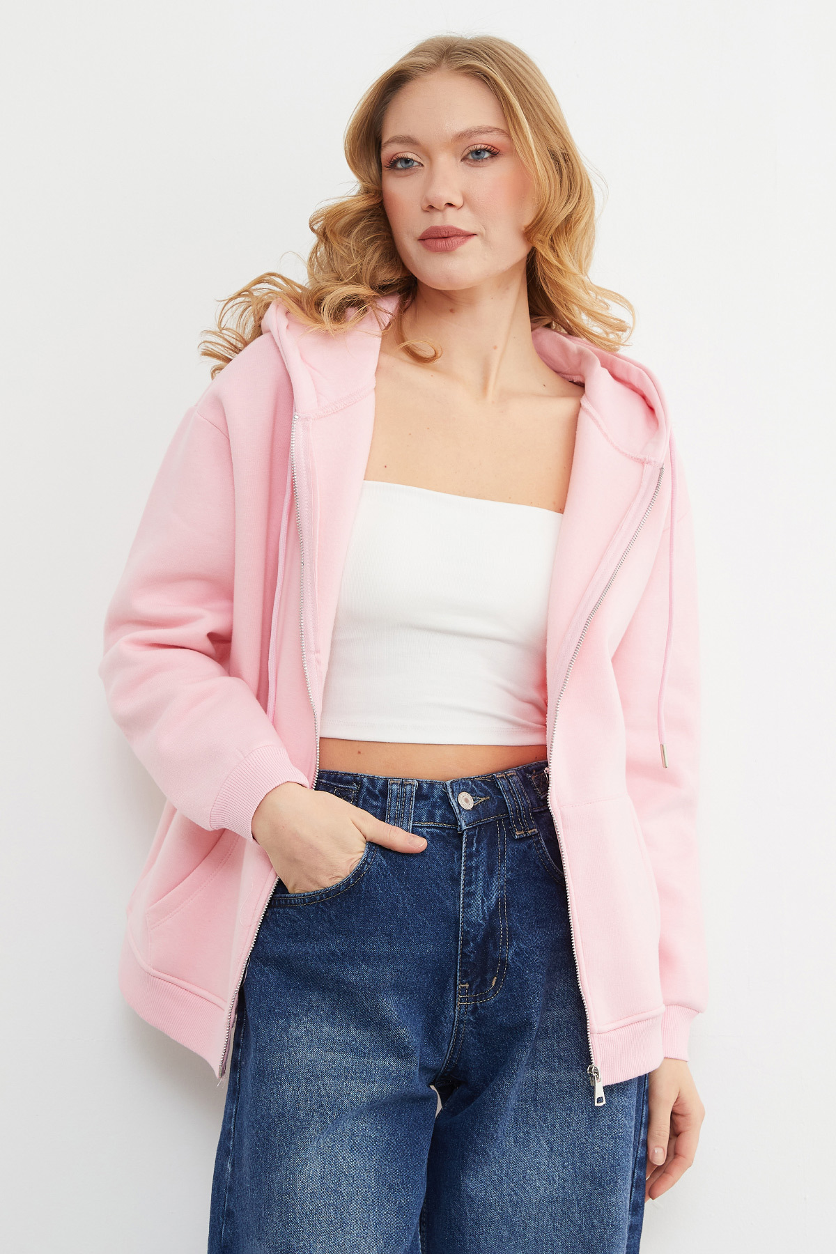 Fullamoda  Basic Fermuarlı Kapüşonlu Oversize Sweatshirt - Görsel 3