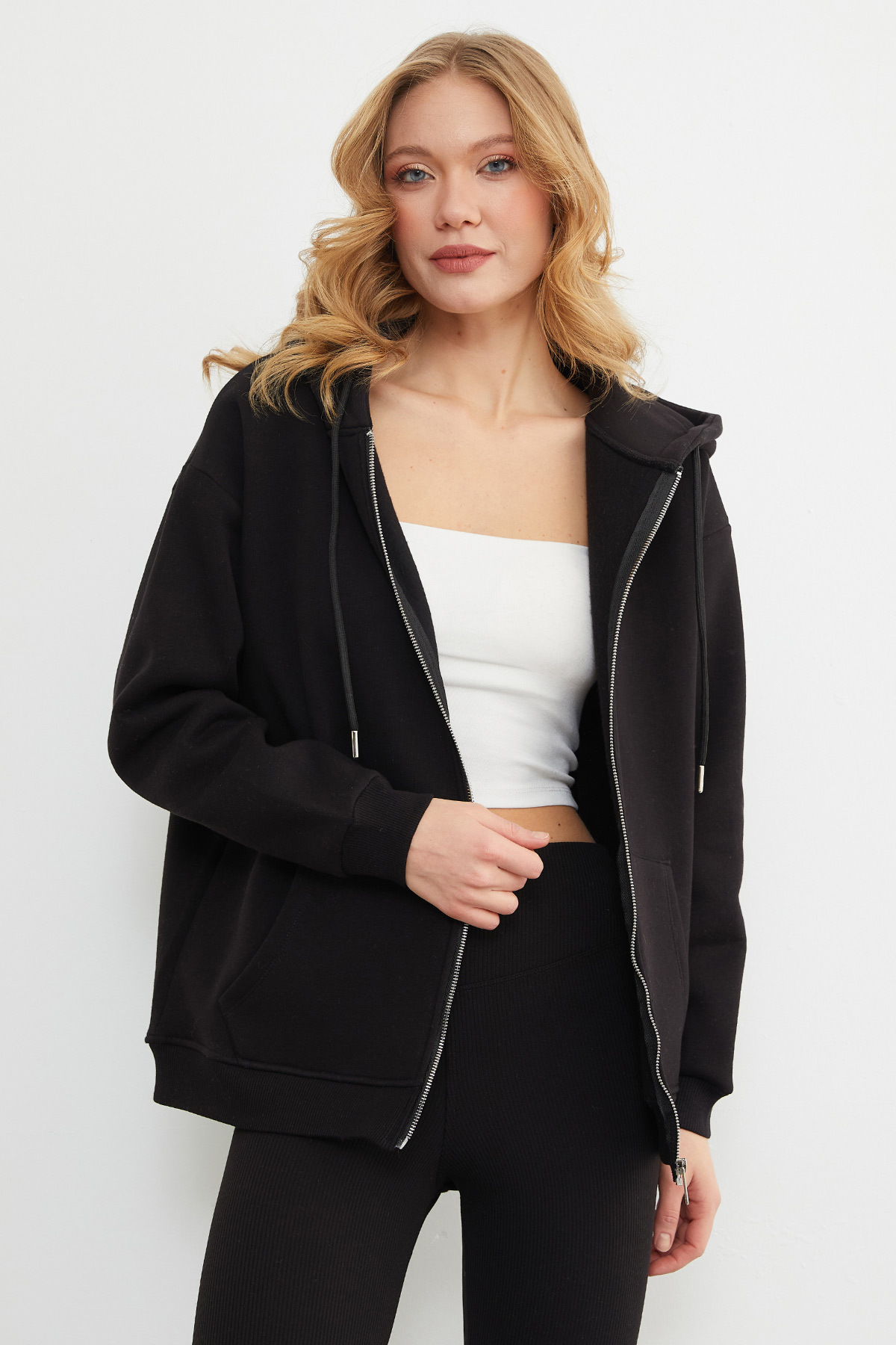 Fullamoda  Basic Fermuarlı Kapüşonlu Oversize Sweatshirt - Görsel 5