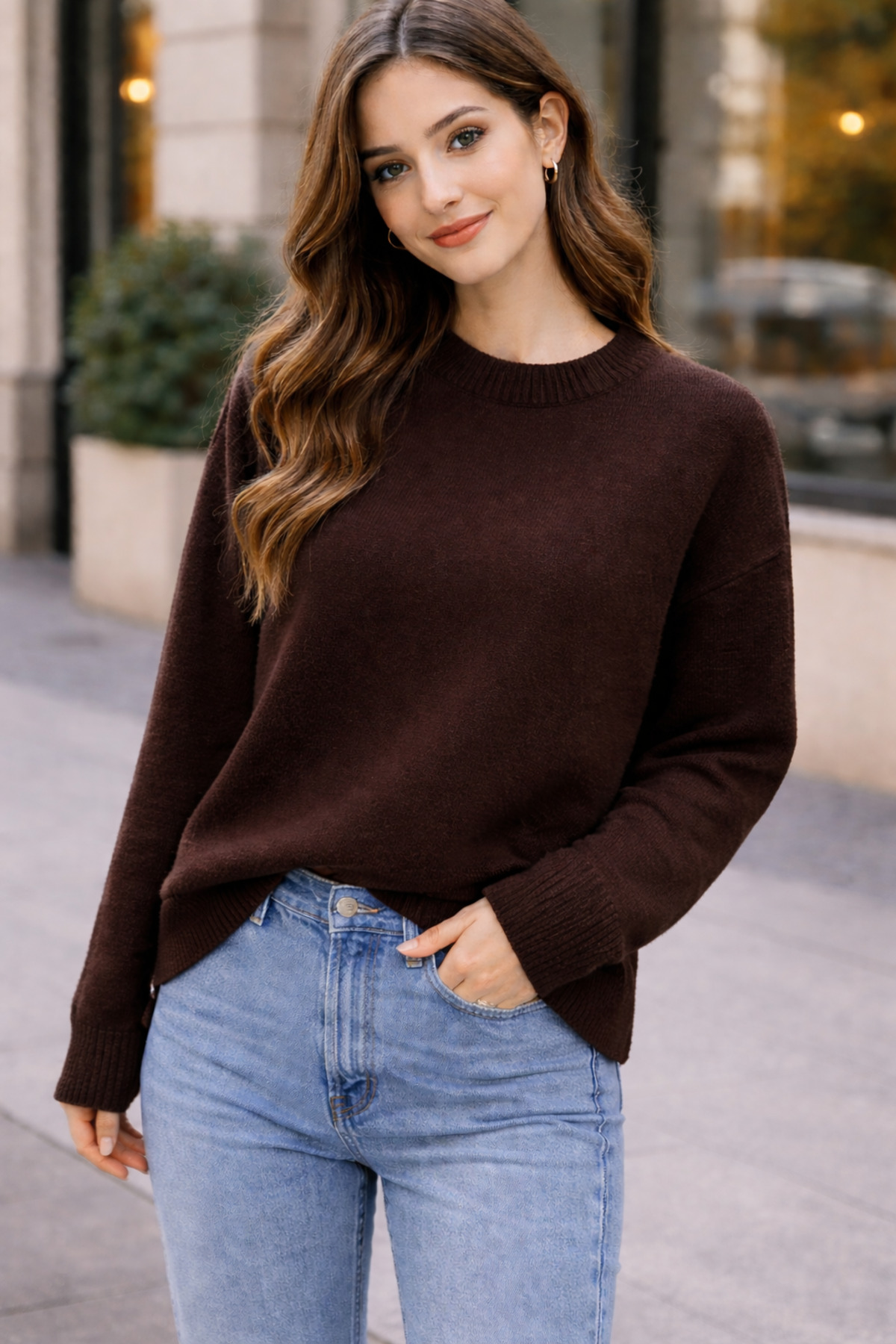 RTD&VLD  Kadın Vita-260 Maviş Bisiklet Yaka Basic Triko Kazak Kahverengi