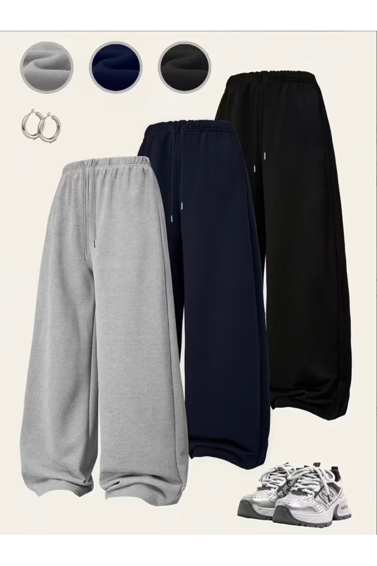 GERLAY  DÖRT MEVSİM GİYİLEBİLEN ÜÇ ADET SİYAH GRİ LACİVERT DÜZ PAÇA BOL EŞOFMAN ALTI