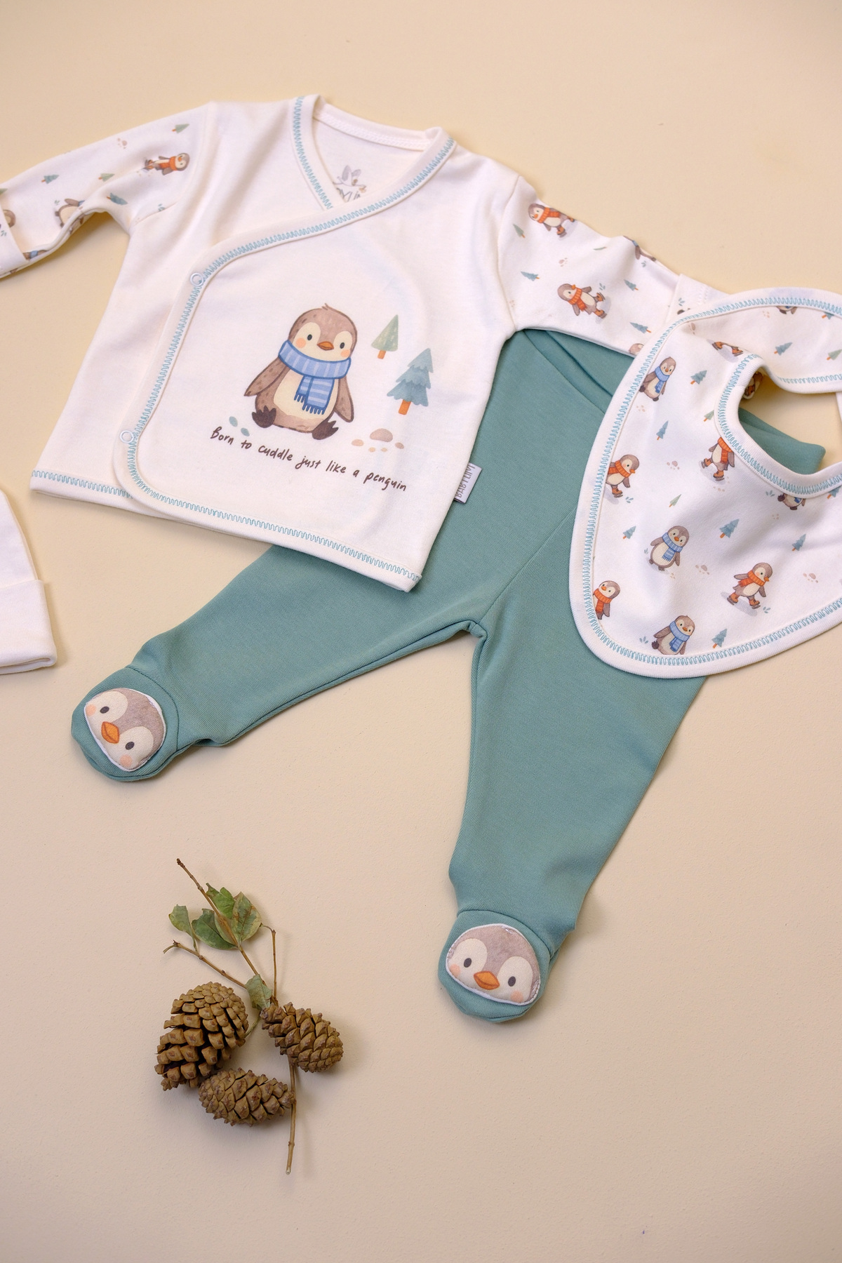 BABYLİM Mutlu Penguen Erkek Bebek Hastane Çıkışı %100 Pamuk Yeni Doğan Seti 0-3ay fotoğrafı 4 (önizleme)