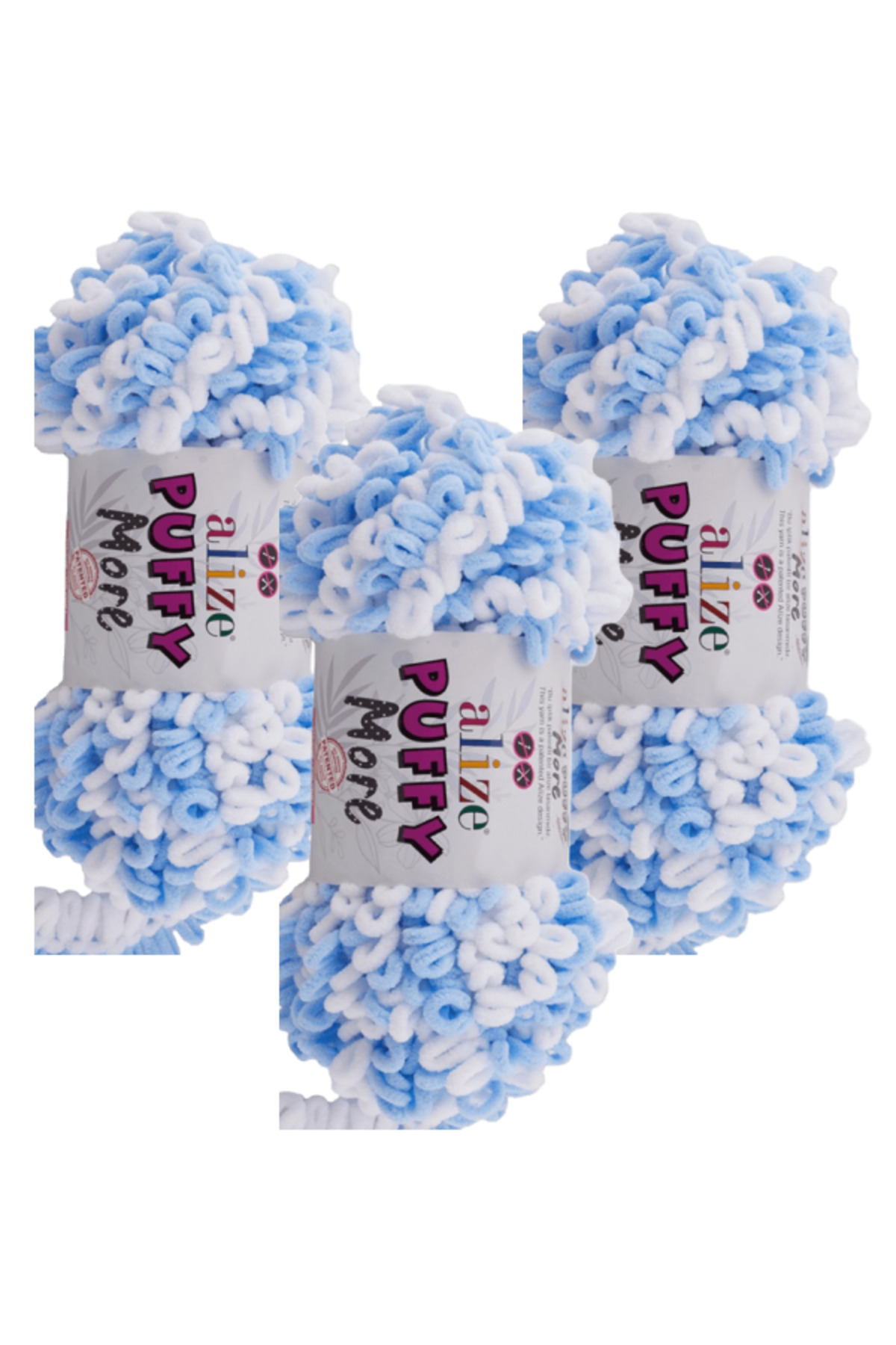 Puffy More Hand Knitting Yarn 3 Pieces – 6266 Baby Blue White – 150 Gr. 11.5 Mt. – Blanket, Scarf, Vest