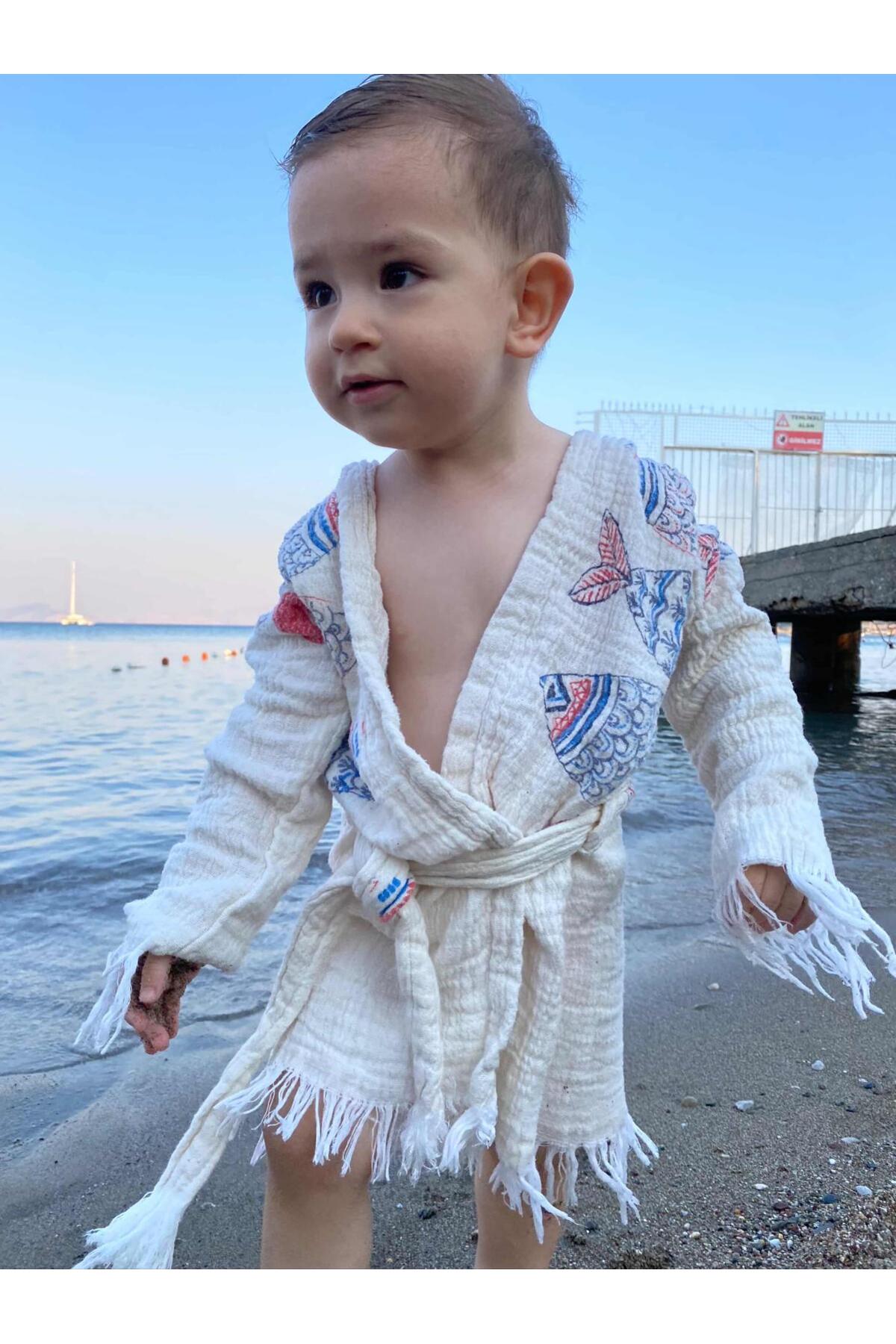 violet storee Çocuk Müslin Pamuk Bornoz Banyo,Plaj,Havuz Yaz,Kış Kapüşonlu Bornoz Unisex-Su Emici-Balık Desen fotoğrafı 5 (önizleme)